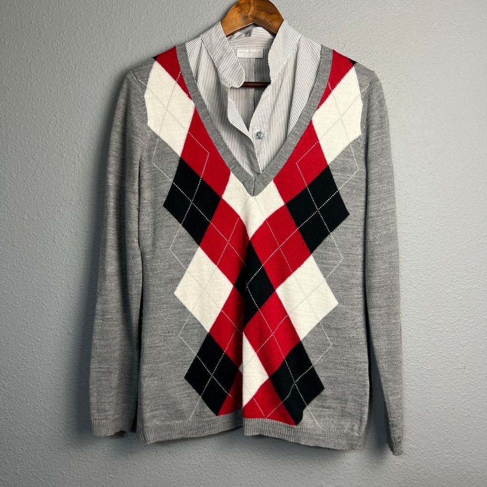New York & Company Argyle Sweater Shirt Collar Gray Red Black White Medium‎